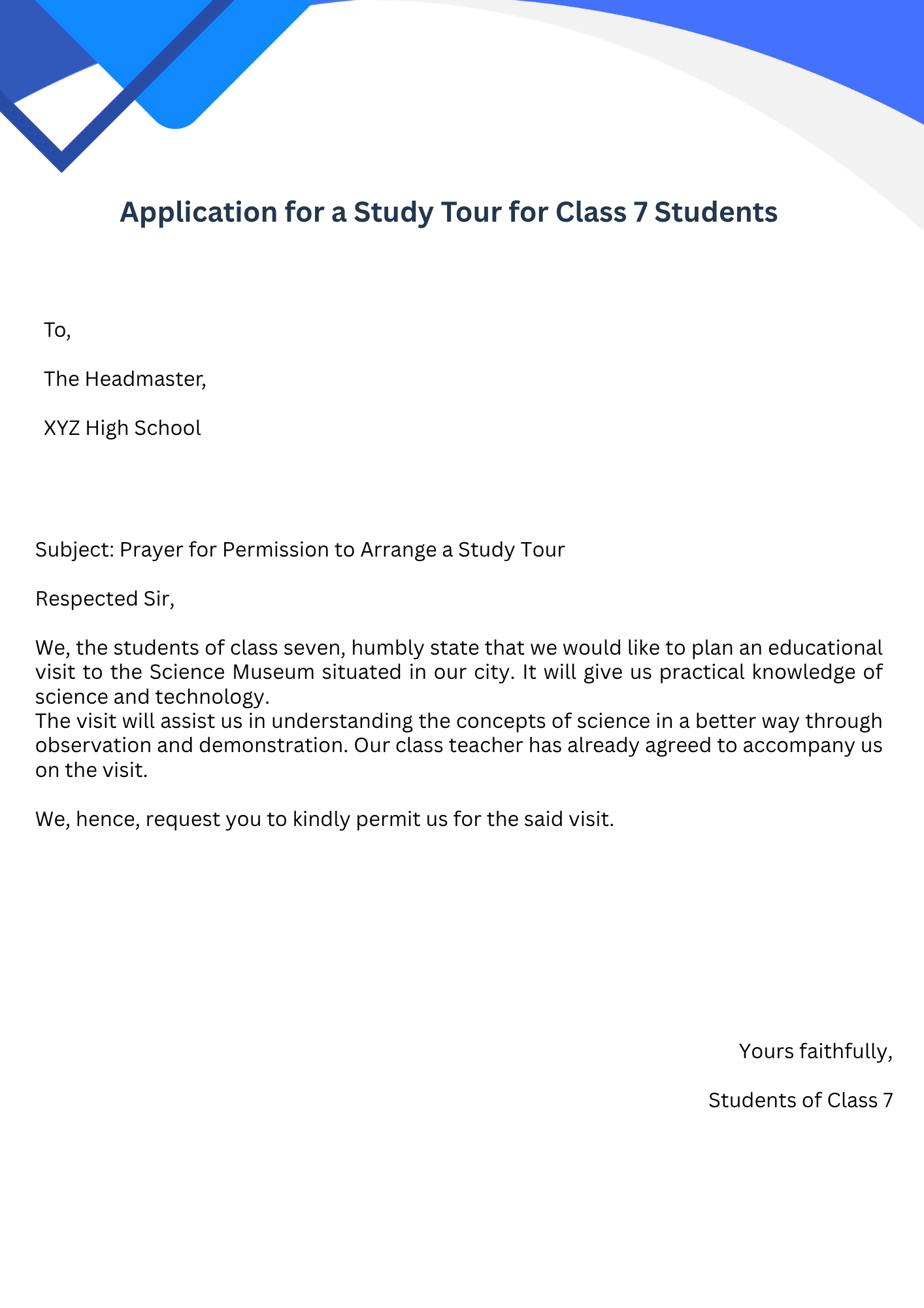 Application for a Study Tour for Class 7 Students