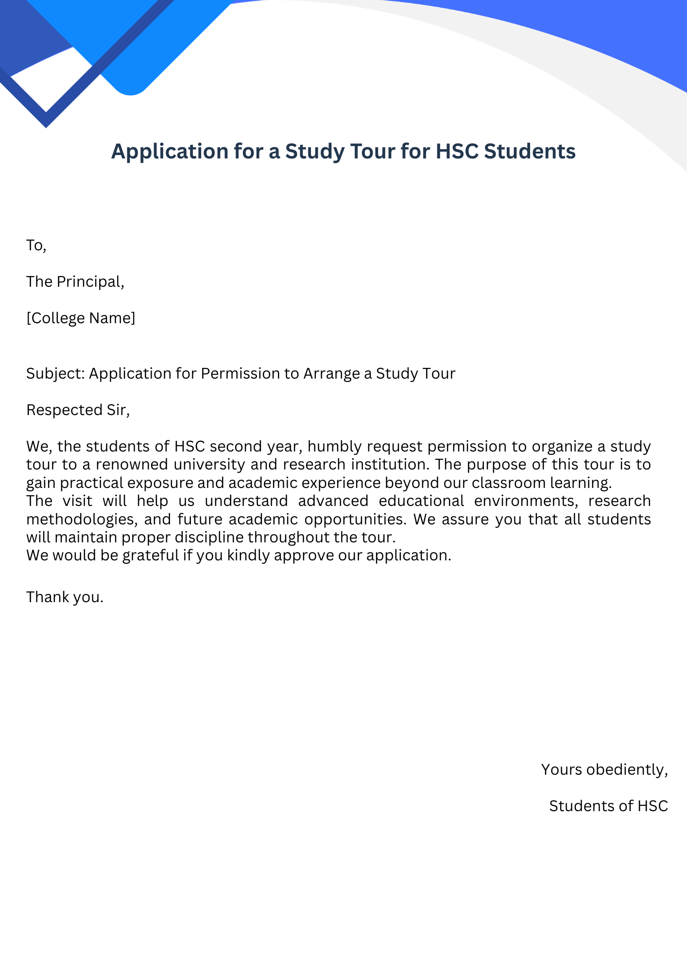 Application for a Study Tour for HSC Students