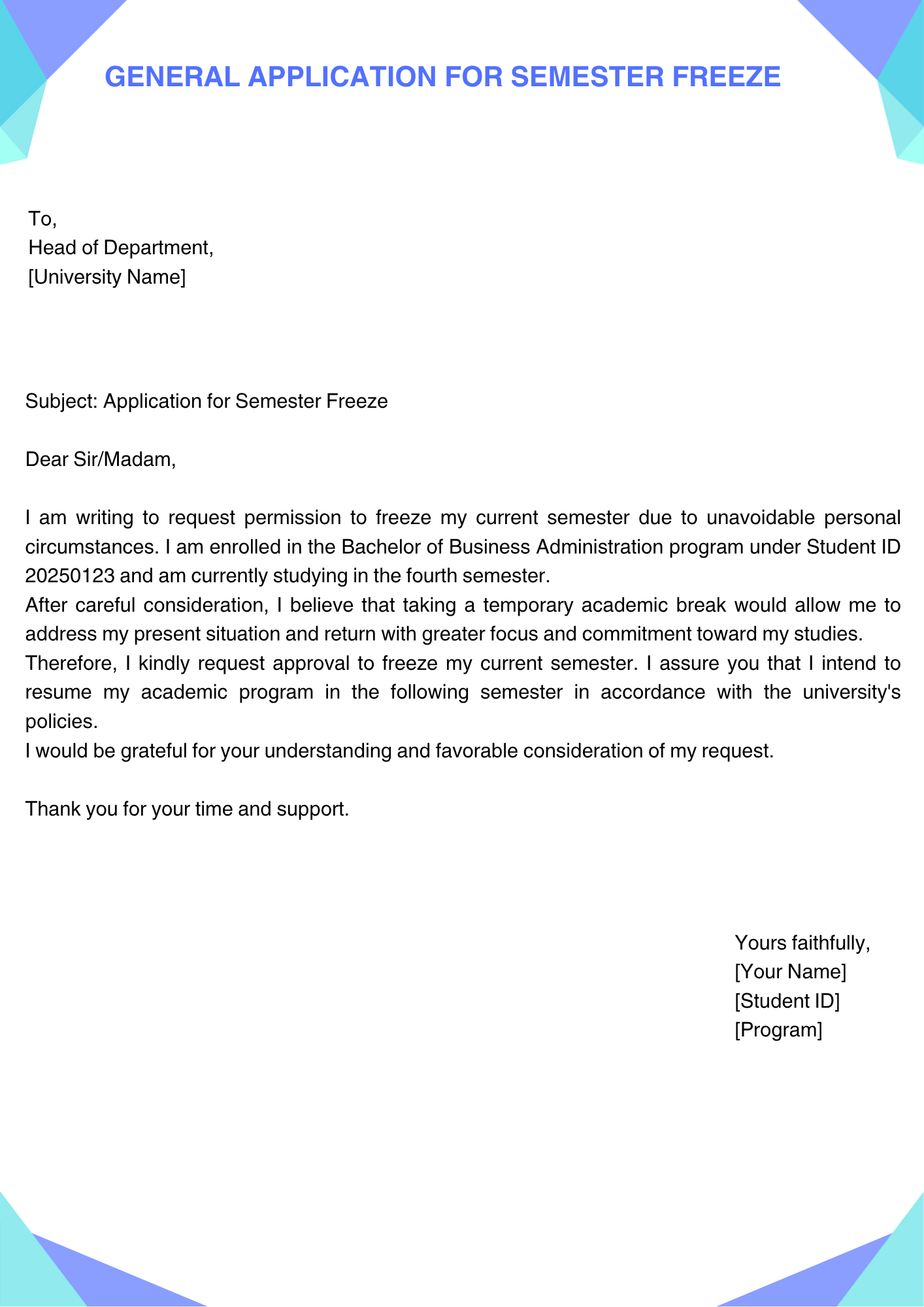 General Application for Semester Freeze