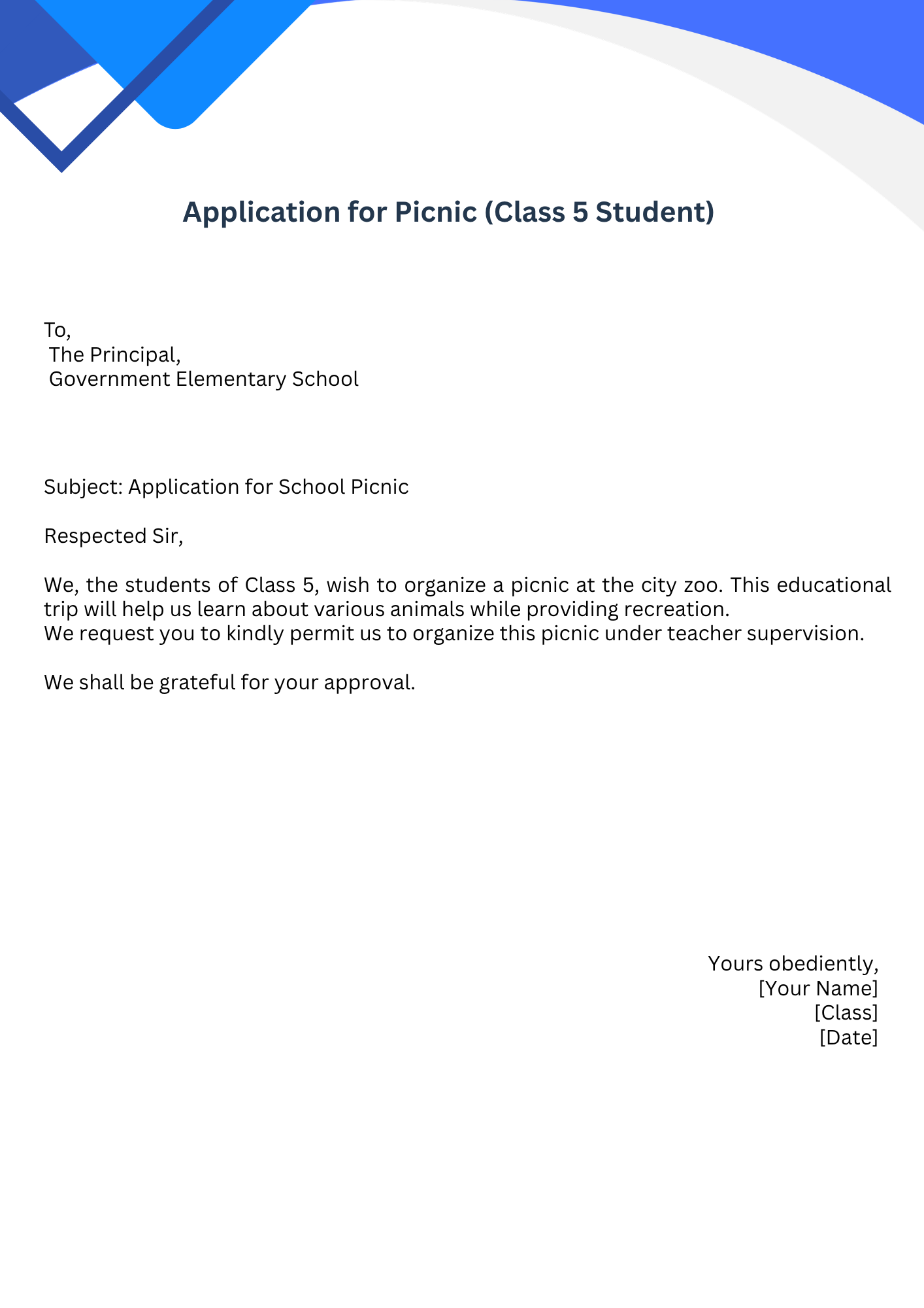 Application for Picnic (Class 5 Student)