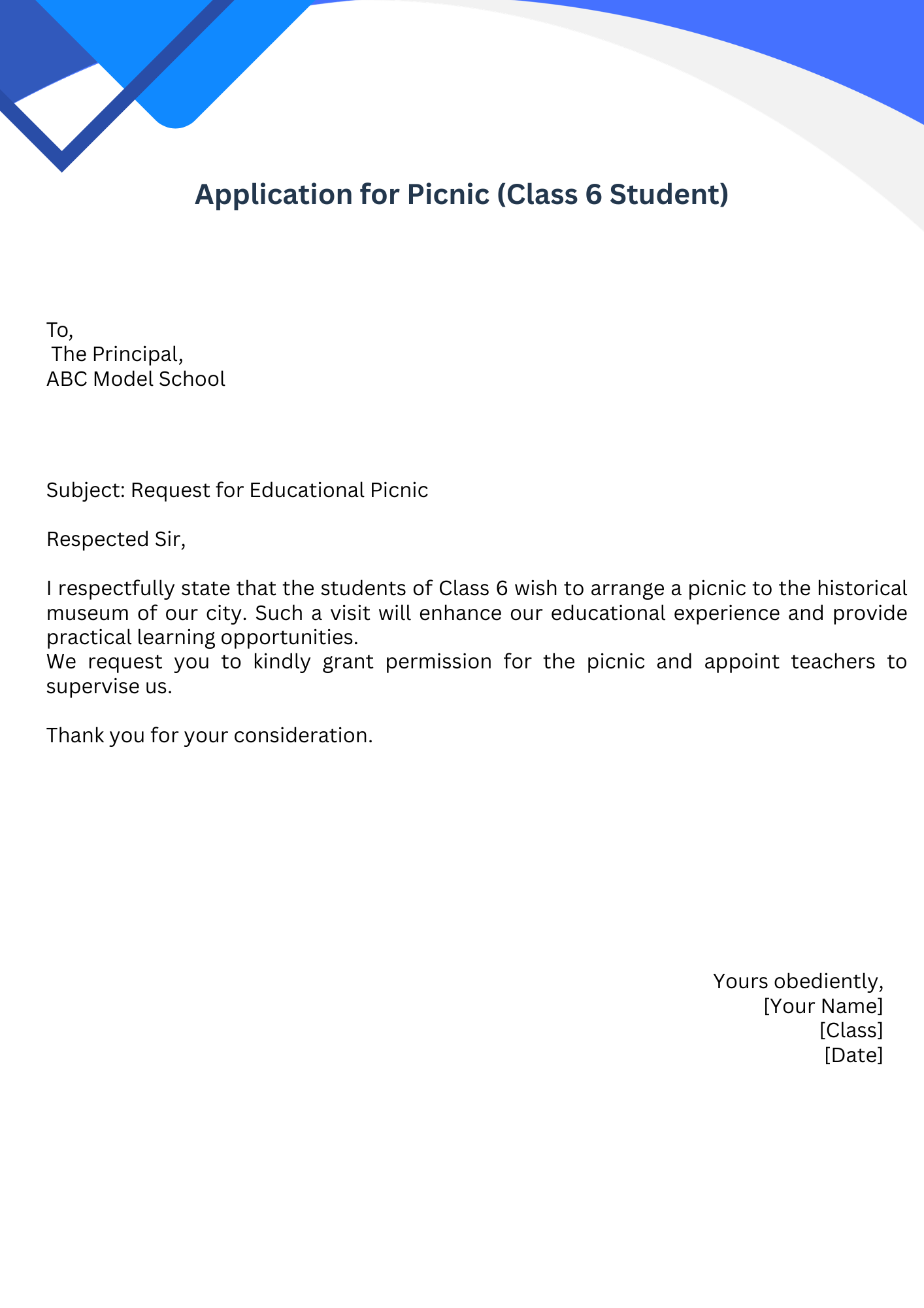 Application for Picnic (Class 6 Student)