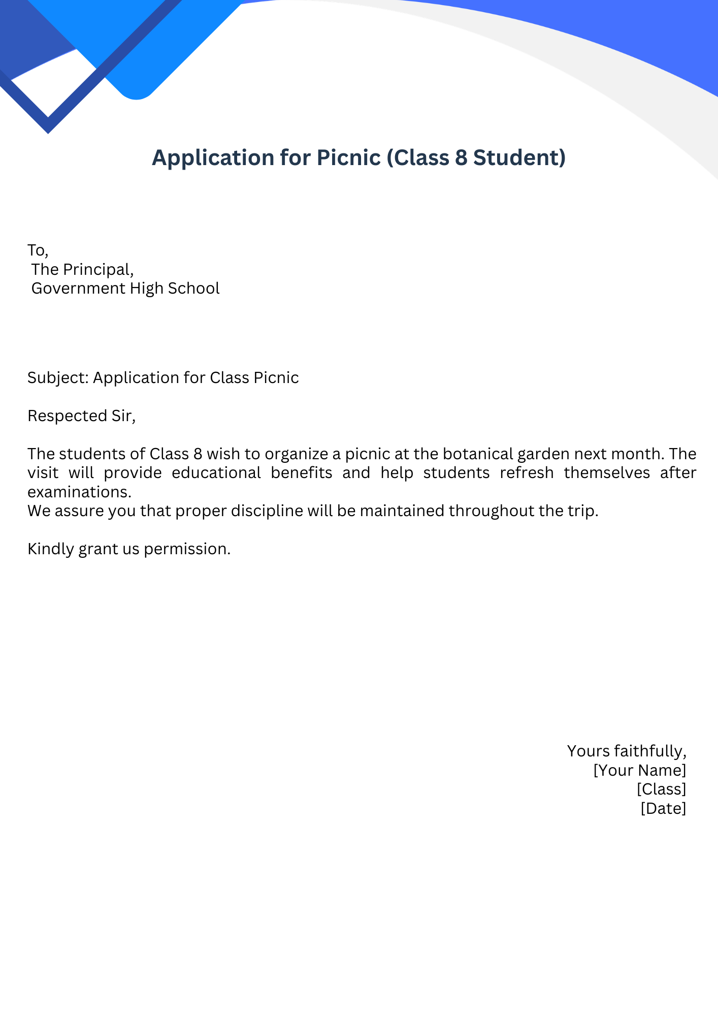 Application for Picnic (Class 8 Student)