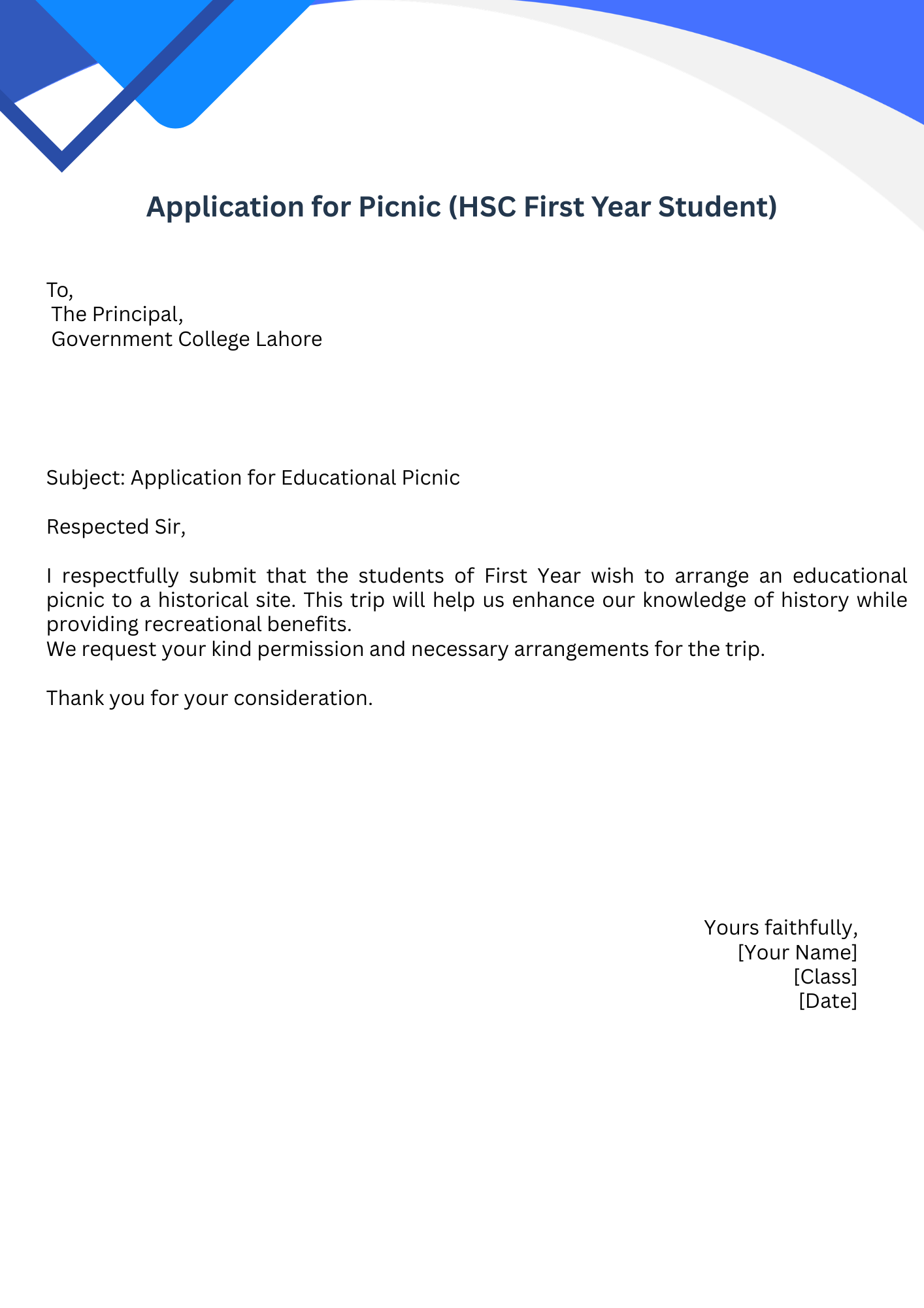 Application for Picnic (HSC First Year Student)