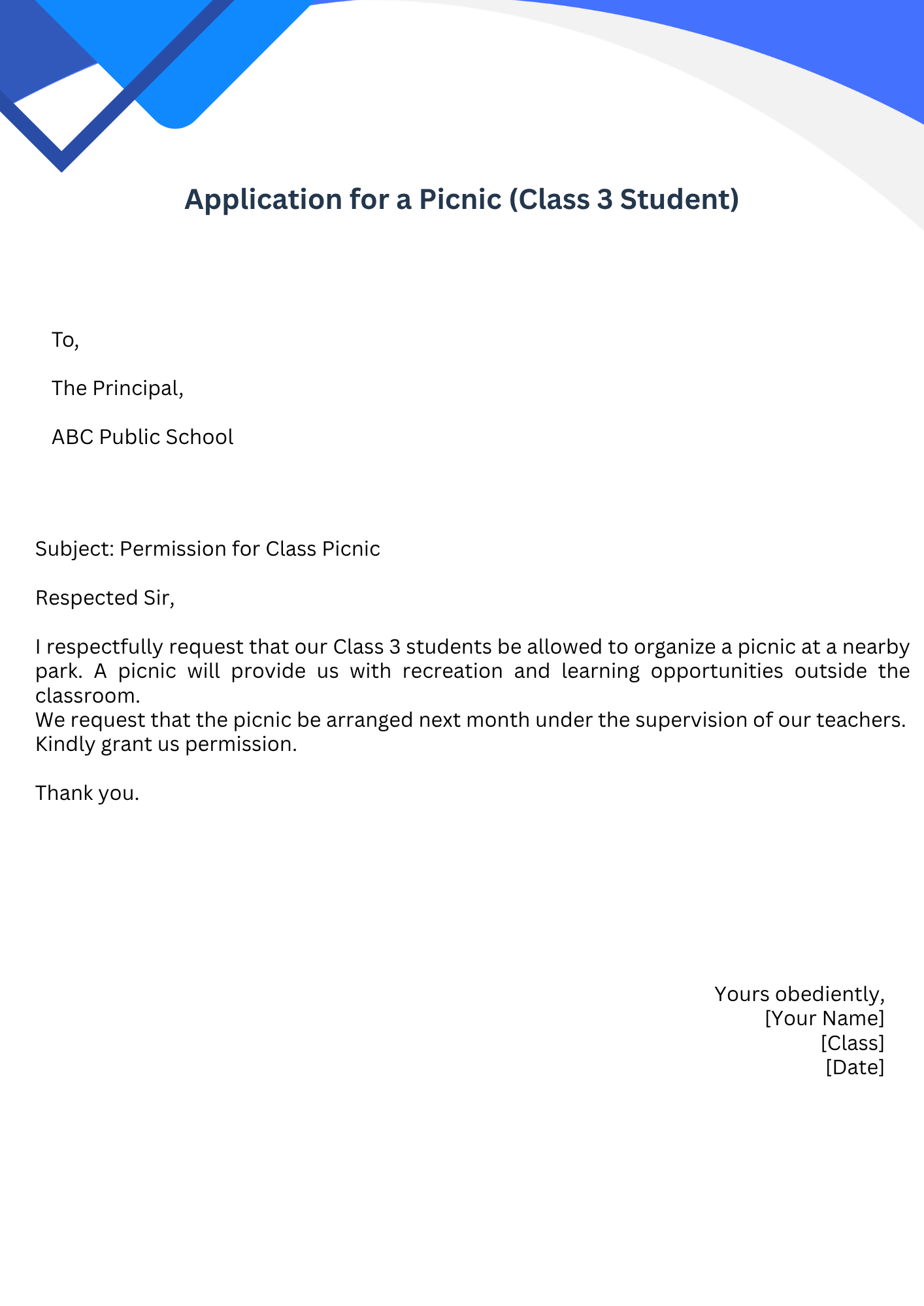 Application for a Picnic (Class 3 Student)