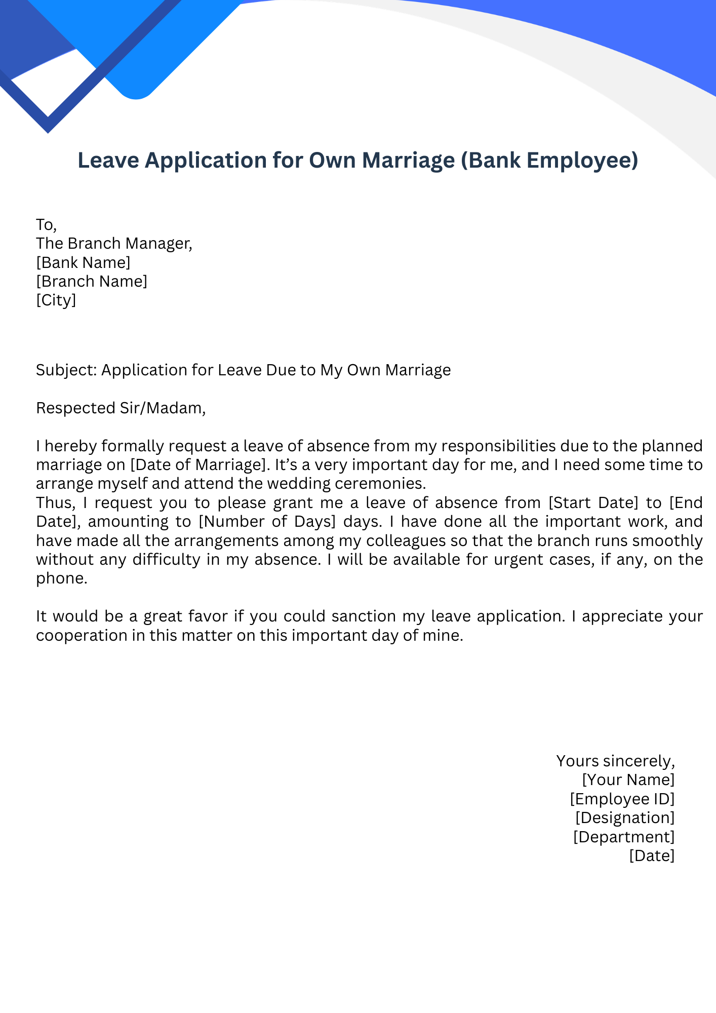 Leave Application for Own Marriage (Bank Employee)