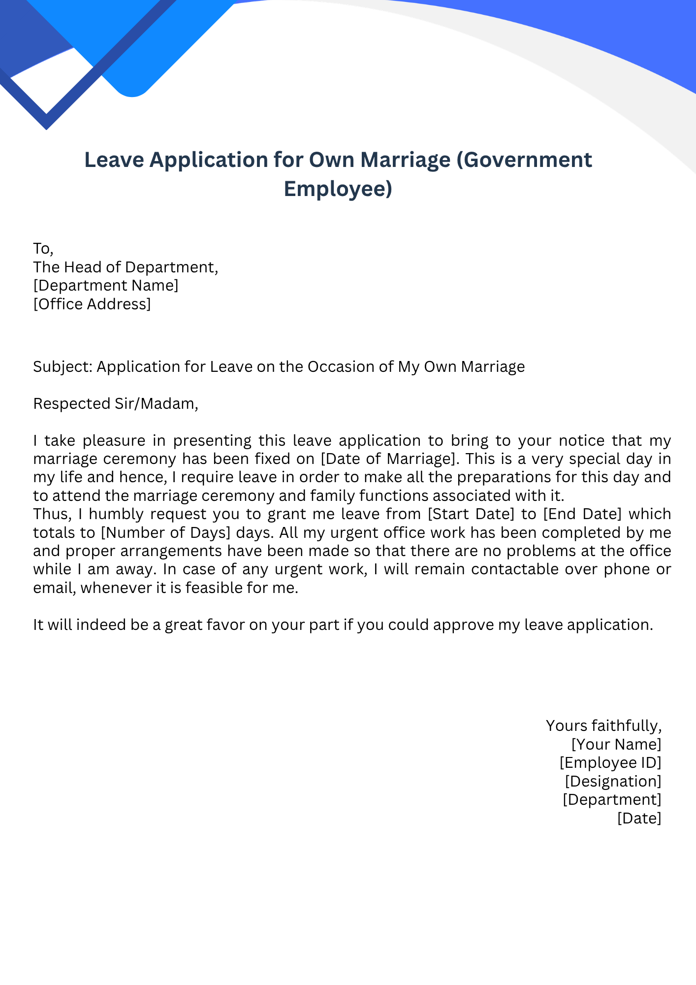 Leave Application for Own Marriage (Government Employee)