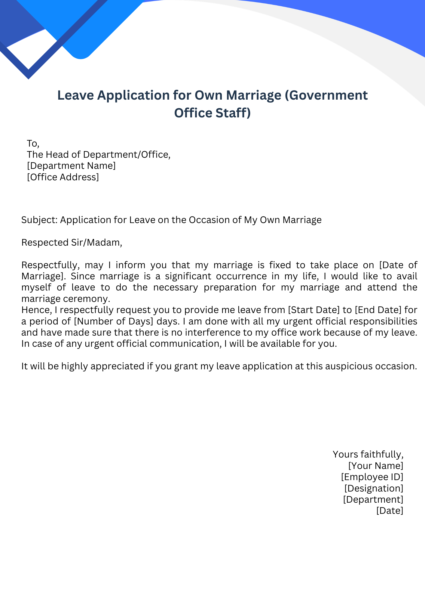 Leave Application for Own Marriage (Government Office Staff)