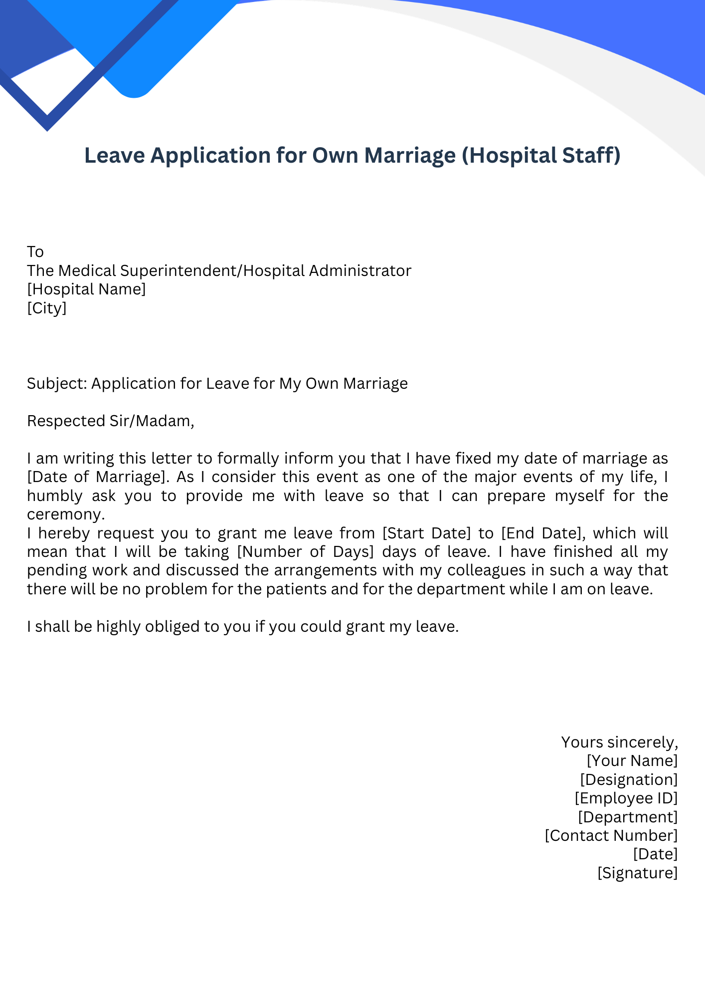 Leave Application for Own Marriage (Hospital Staff)