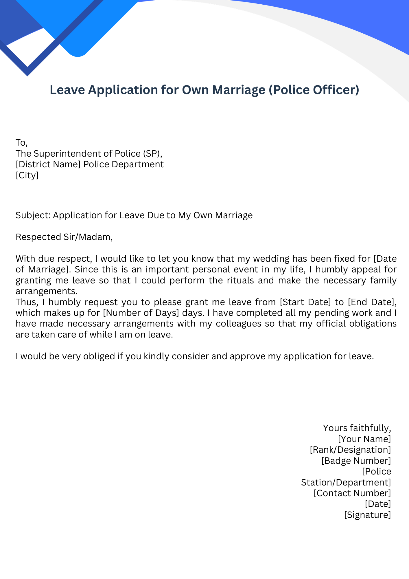Leave Application for Own Marriage (Police Officer)