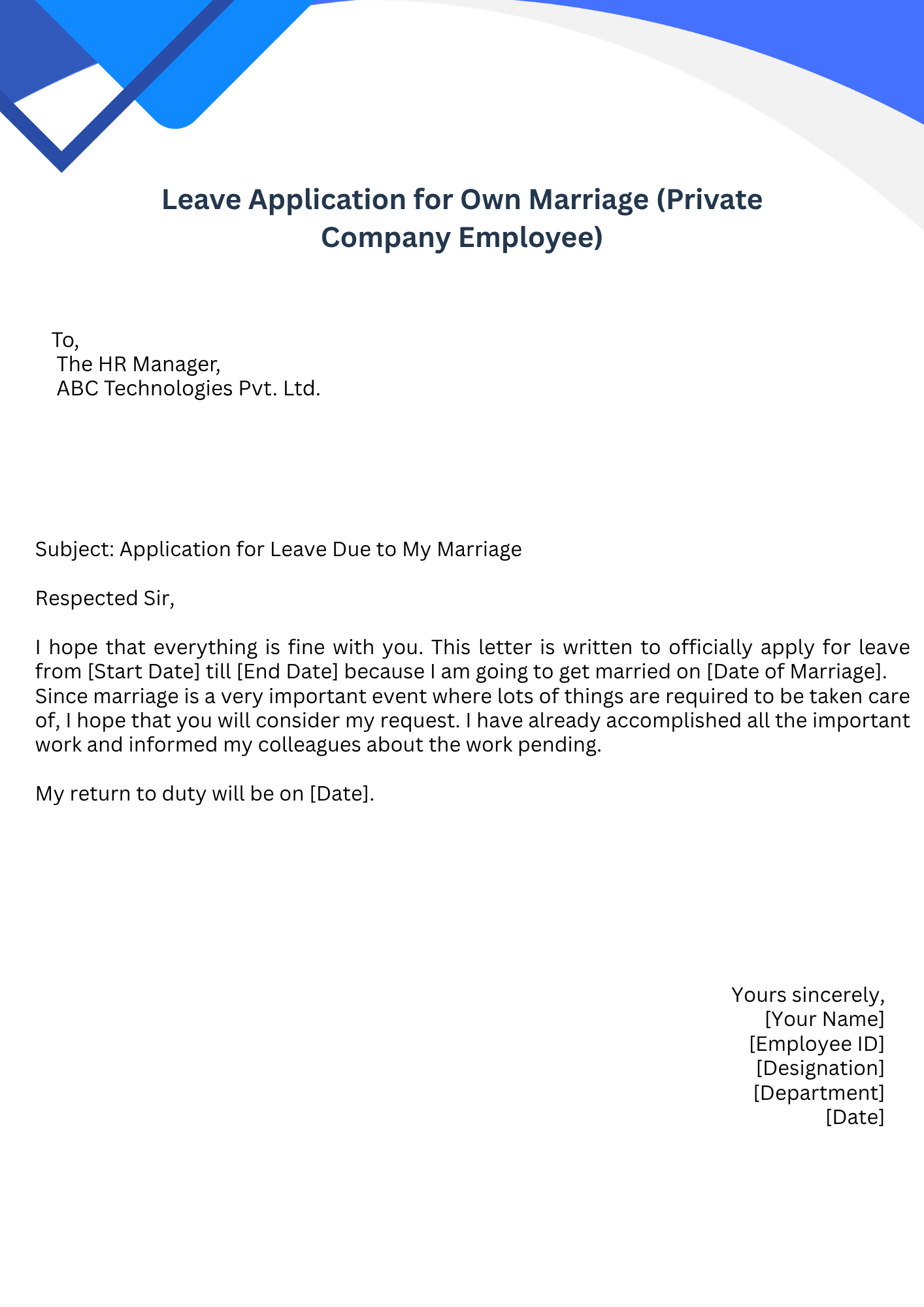 Leave Application for Own Marriage (Private Company Employee)