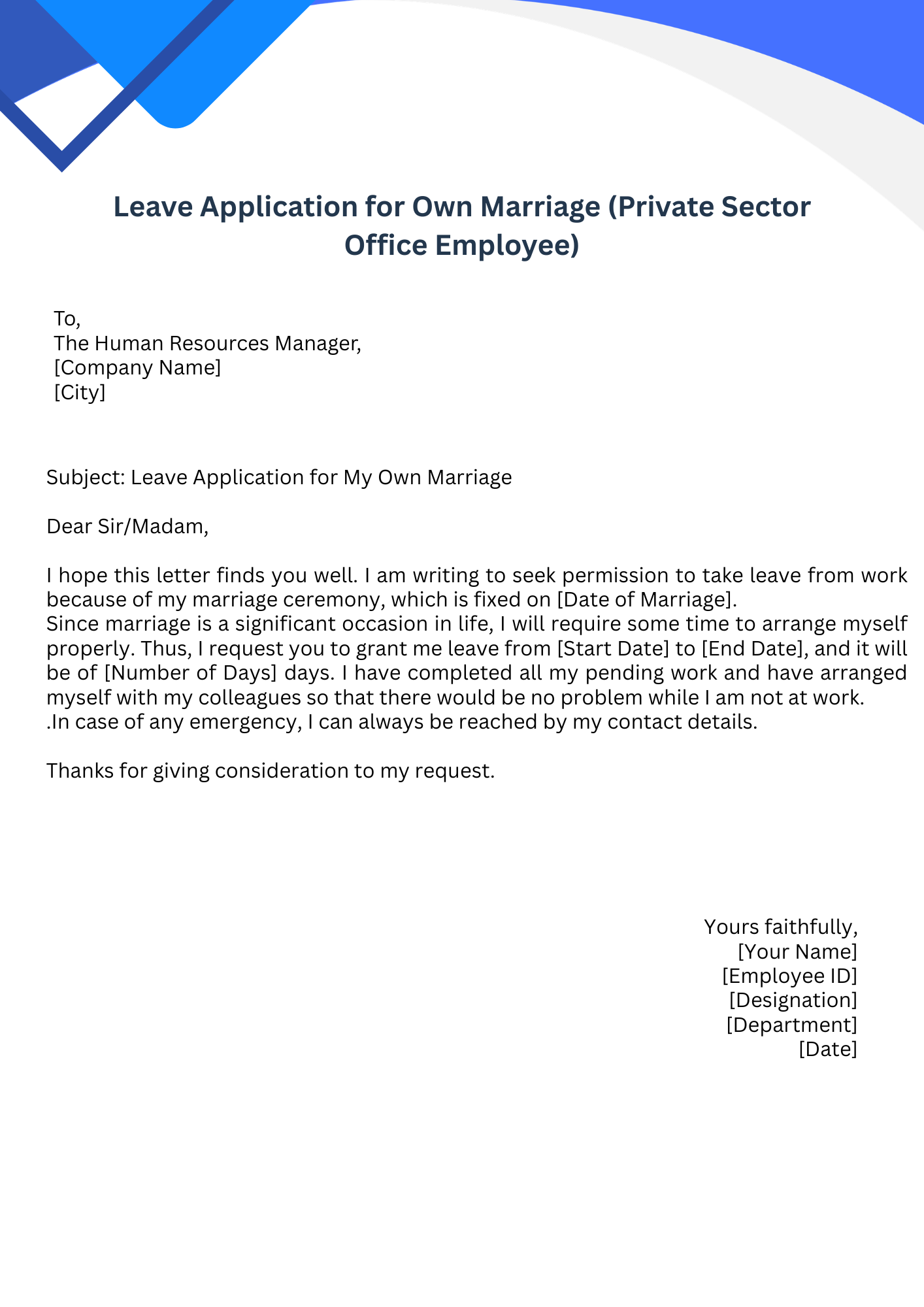 Leave Application for Own Marriage (Private Sector Office Employee)