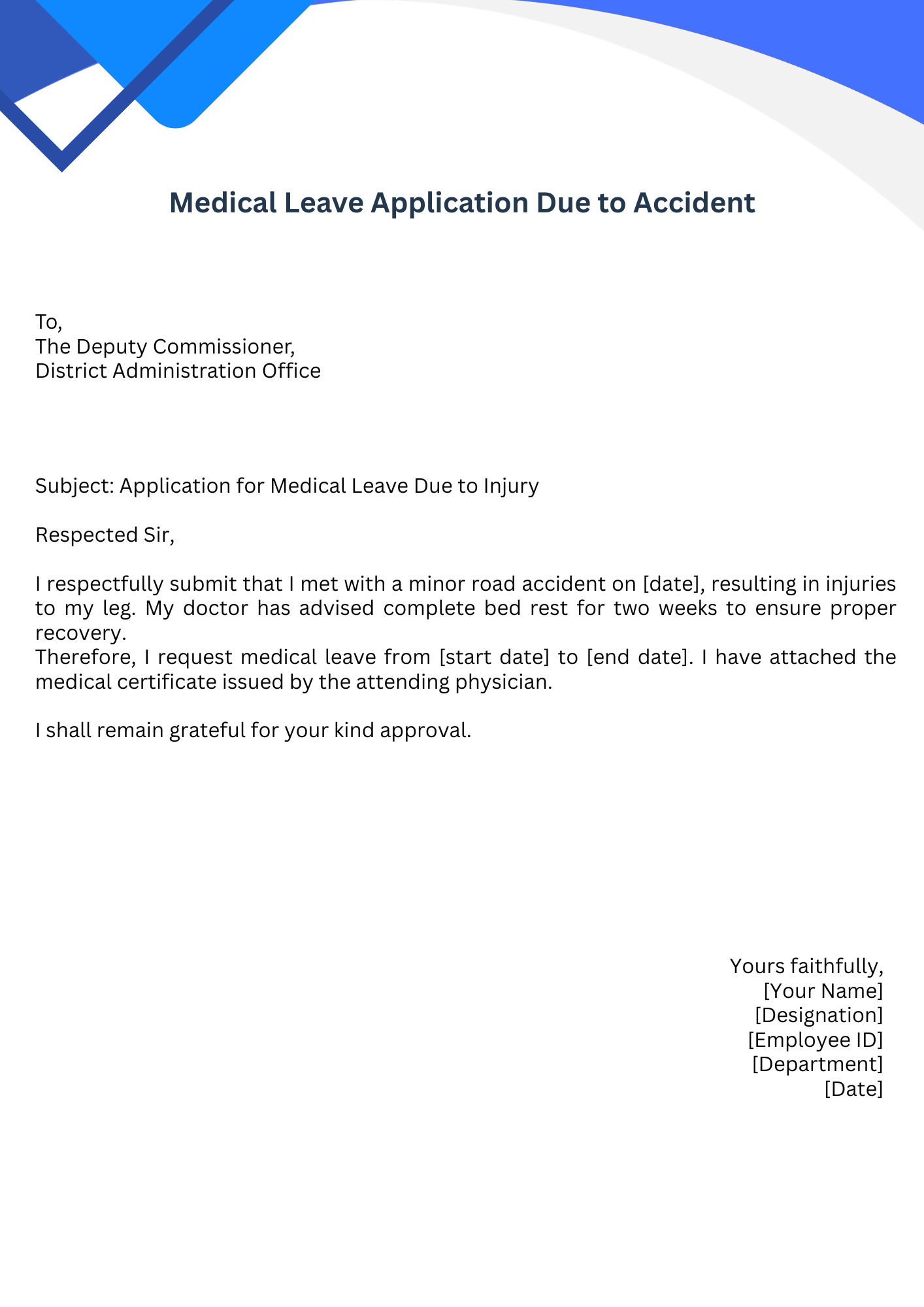Medical Leave Application Due to Accident