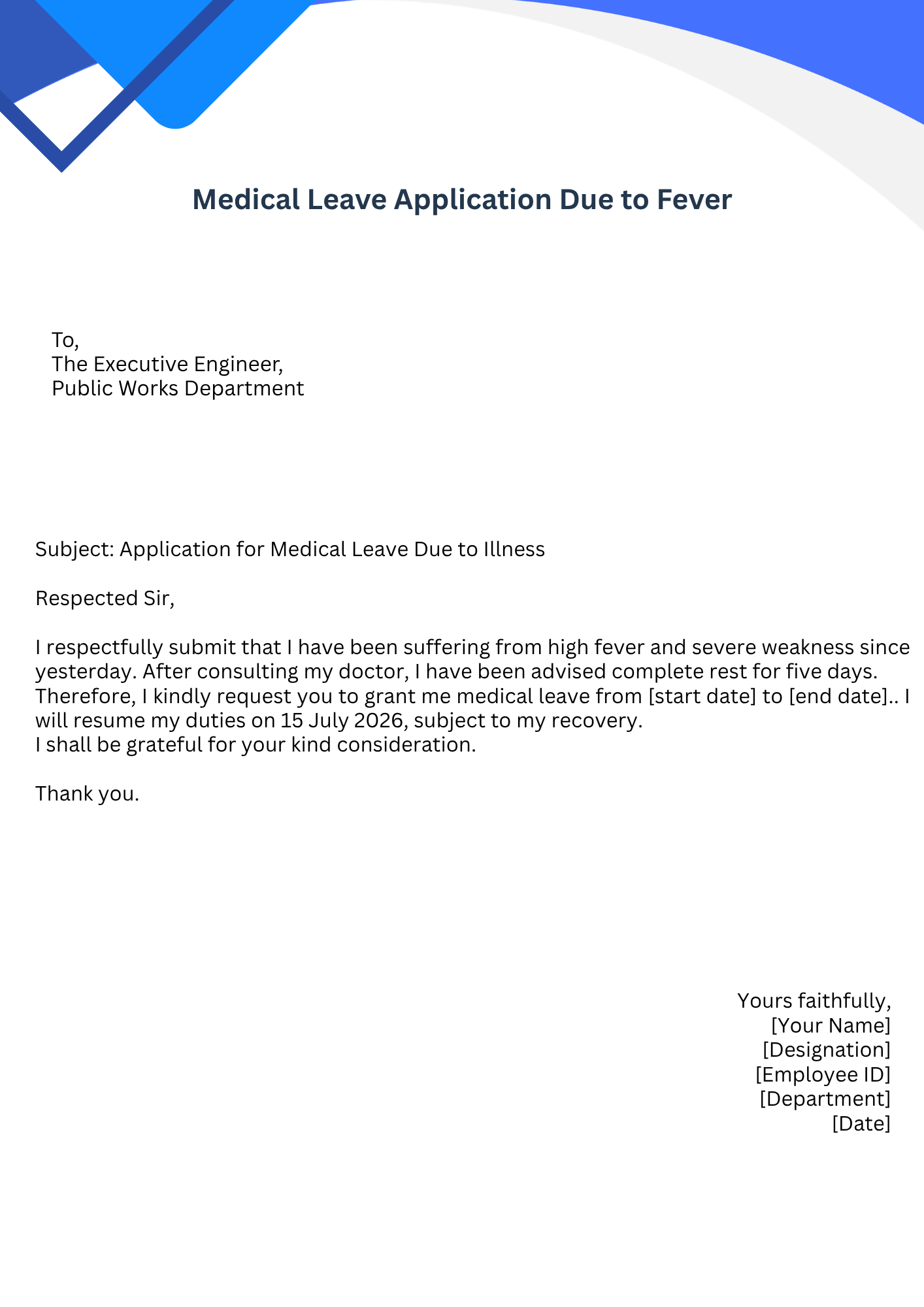 Medical Leave Application Due to Fever