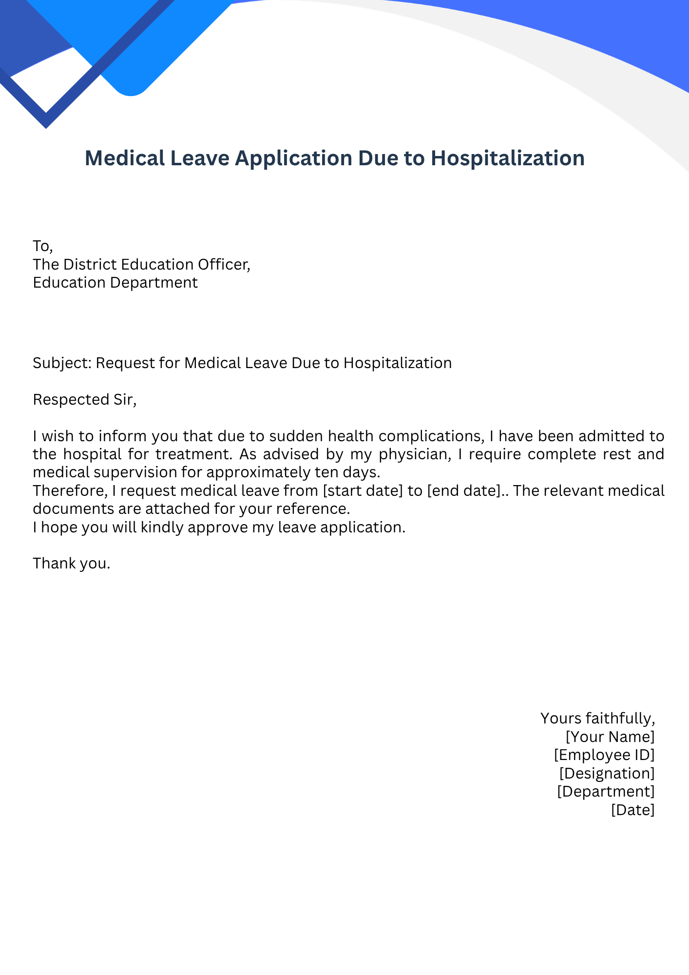 Medical Leave Application Due to Hospitalization